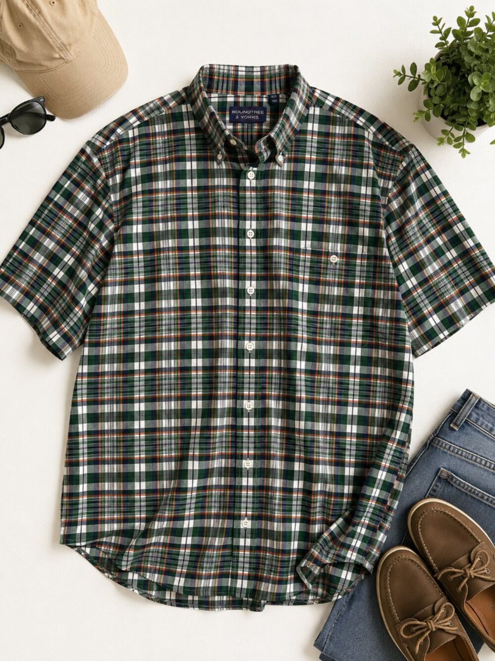 Roundtree & Yorke Green Plaid Button Down Shirt 2XL Short Sleeve